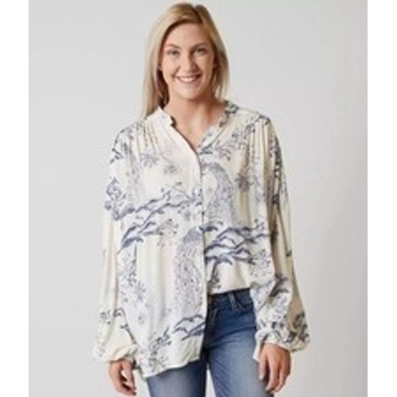Free People Tops - Free People Metallic Blooms Top Womens Large Blue Toile Floral Boho Botanical